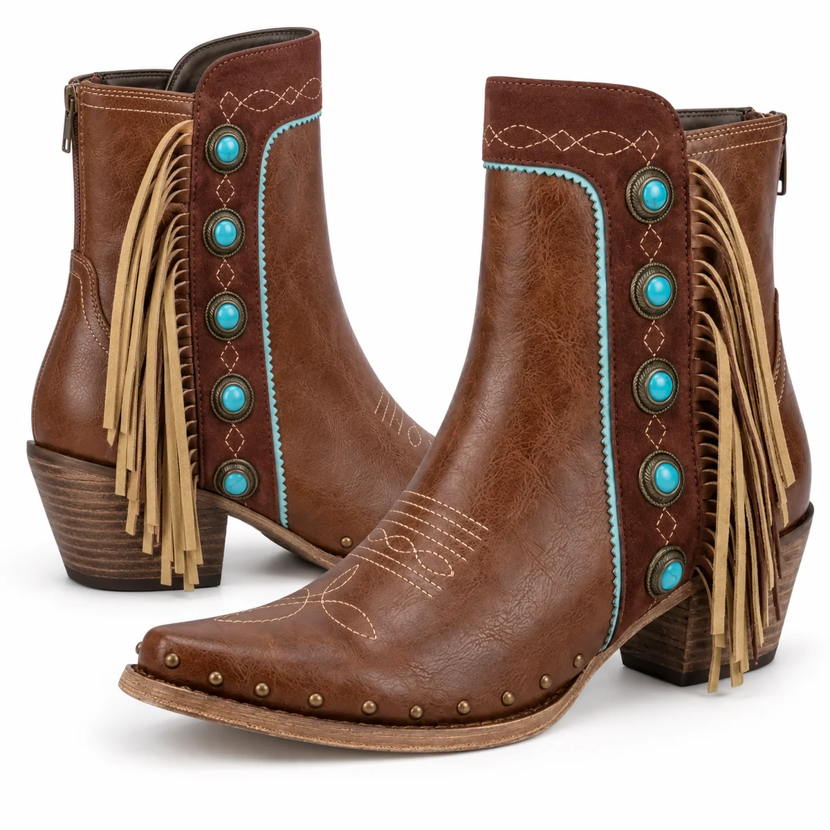 Chaussures cowboy femme marron avec franges et ornements turquoise élégantes