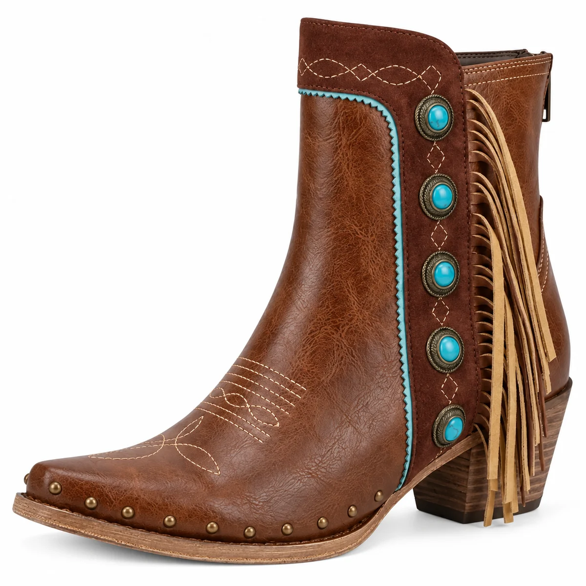 Vue rapprochée des bottines cowboy en cuir marron avec décors turquoise pour femme