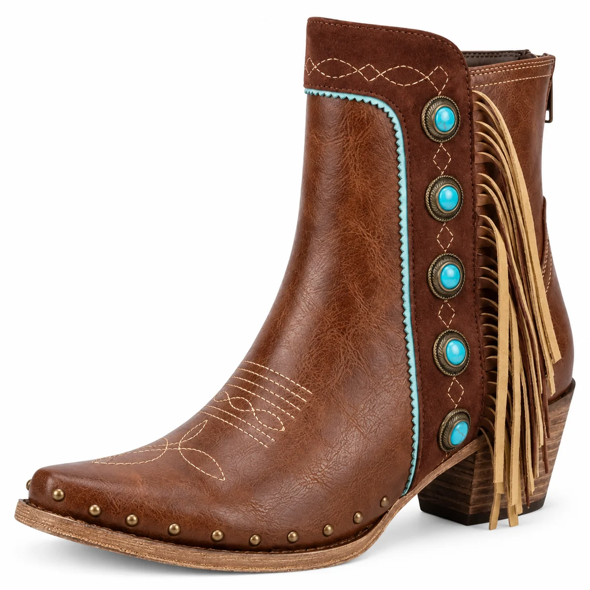 Bottines cowboy marron à franges et ornements turquoise pour femme