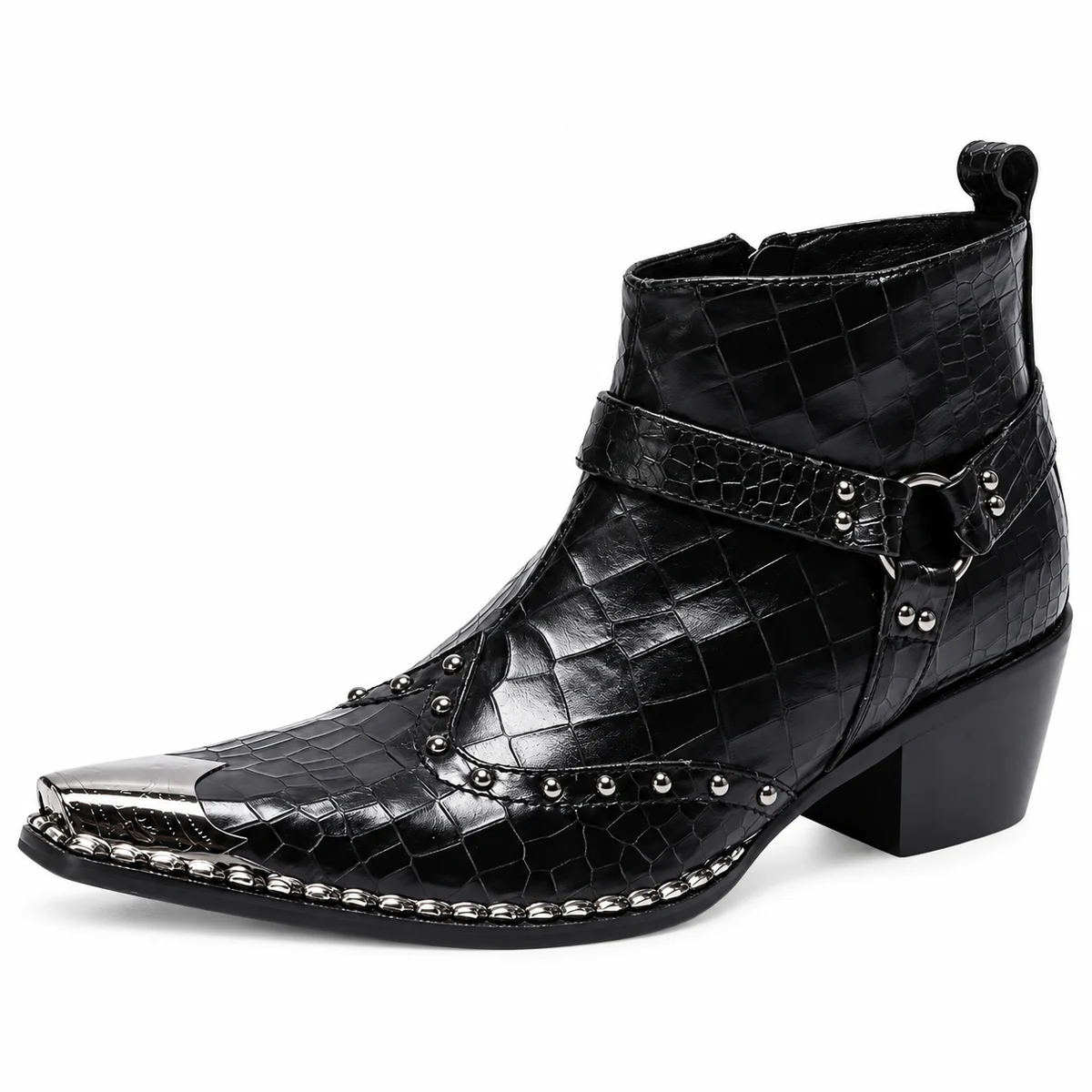 Bottines à bride ornée et rivets pour femme en cuir noir