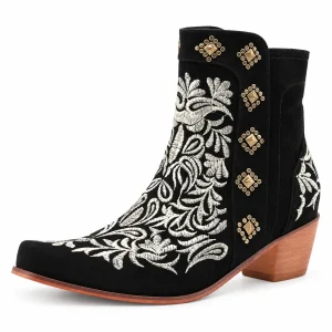 Bottines cowboy femme noires brodées à fleurs élégantes