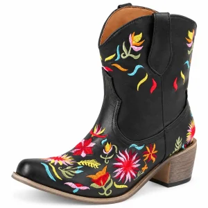 Bottines cowboy femme noires avec motifs floraux colorés pour été
