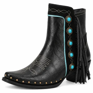 Bottines cowboy femme noires avec franges et perles bleues élégantes