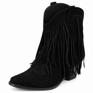 Bottines cowboy femme noires à franges et zip sur mannequin