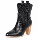 Bottines cowboy femme noires à effet croco avec talon haut