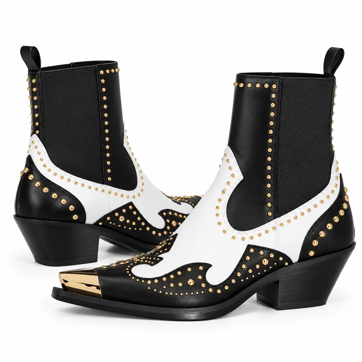 Chaussures cowboy féminines à la mode avec accents de rivets noirs et blancs