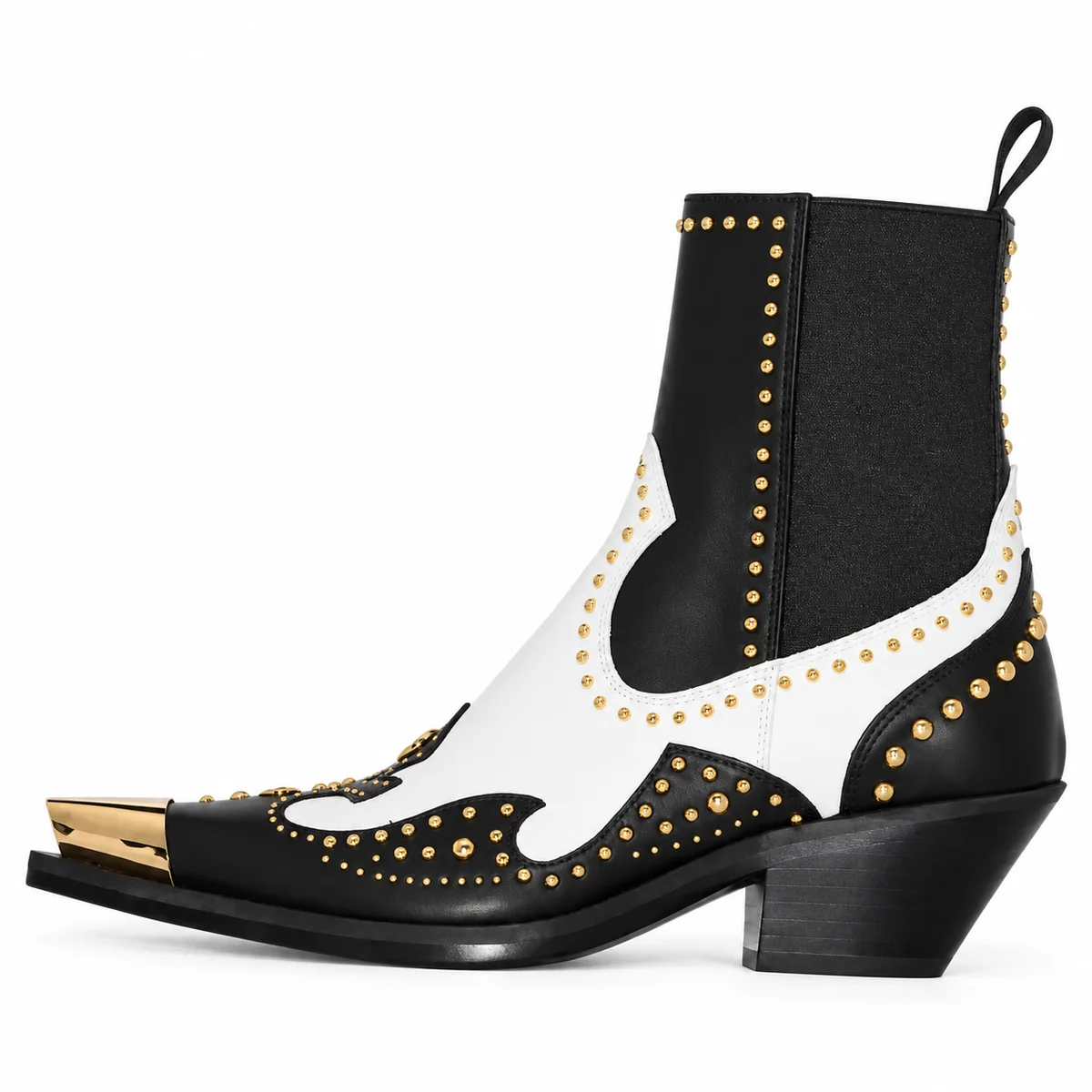 Bottines mode pour femme en cuir noir et blanc avec décoration rivets