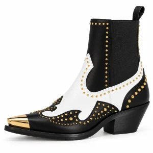 Bottines cowboy femme noires et blanches à rivets avec design tendance