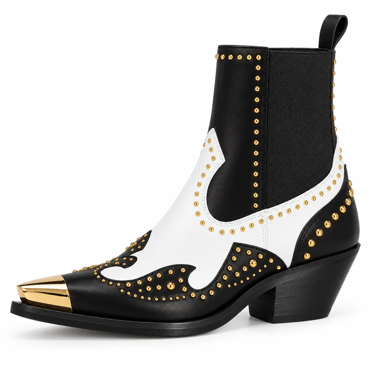 Bottines cowboy femme noires et blanches à rivets avec design tendance