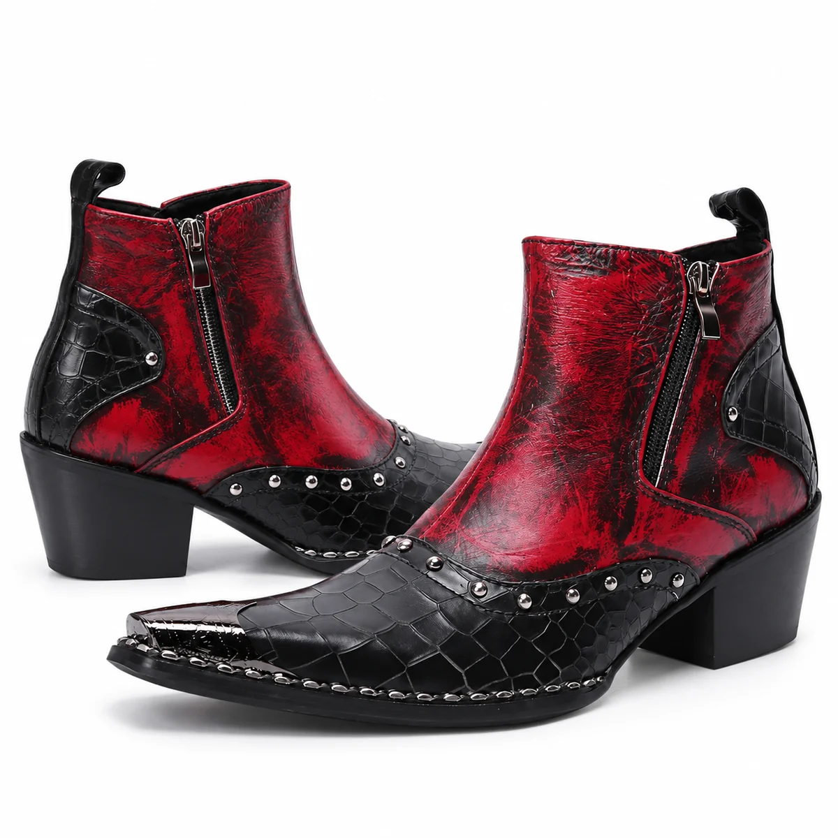 Chaussures cowgirl noires et rouges pour femme avec rivets et fermeture éclair