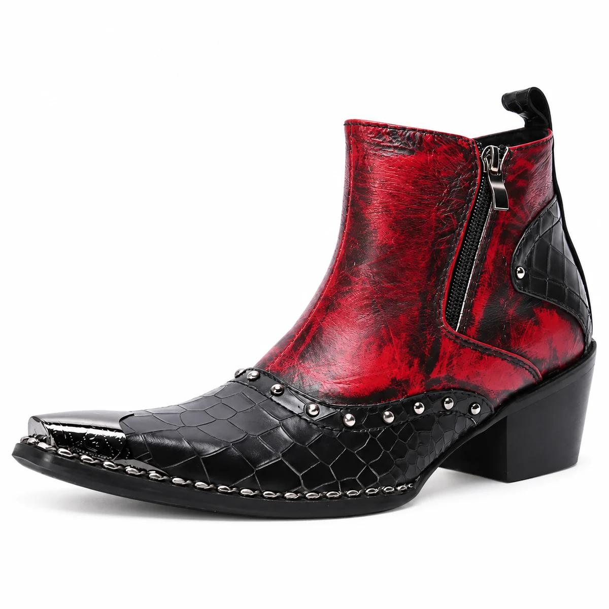 Bottines cowboy femme noires et rouges avec rivets et zip élégantes