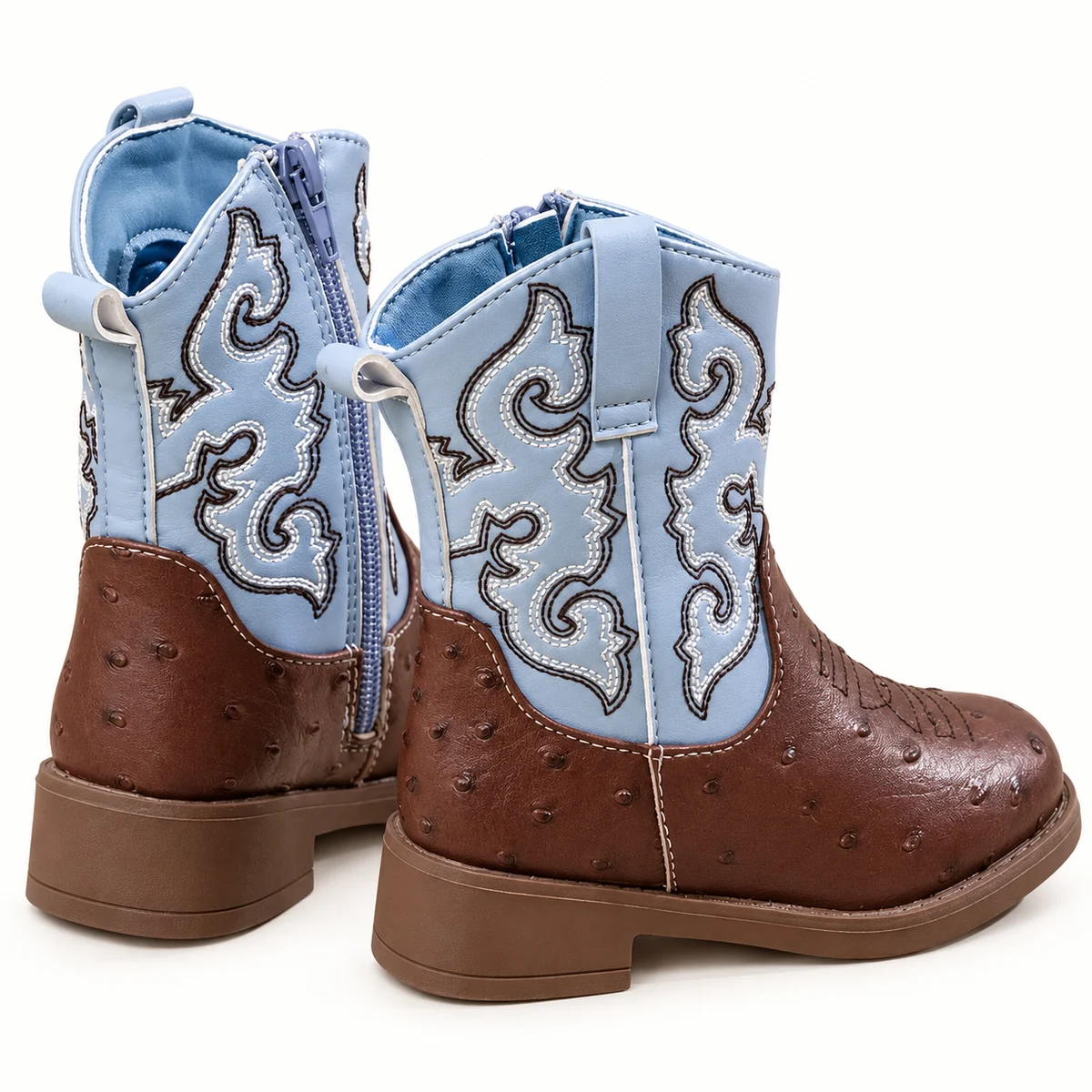 Bottines cowboy pour fille avec design marron et bleu clair à broderies