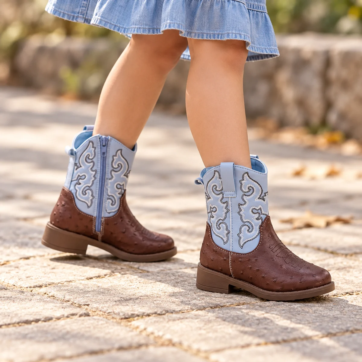 Garde-robe de fille avec bottines cowboy marron et bleu clair à broderies