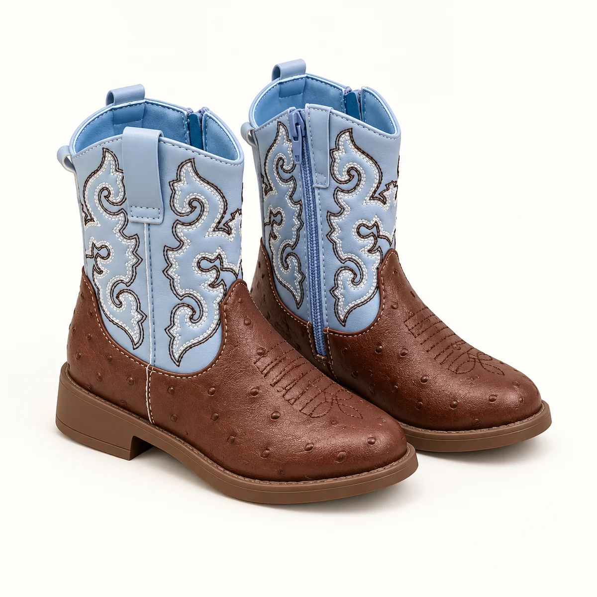 Bottines cowboy fille marron et bleu clair avec broderies élégantes