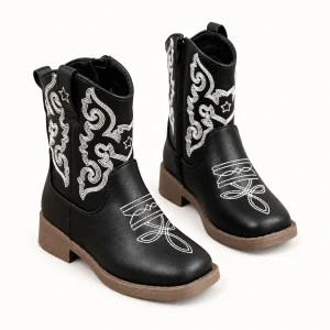 Bottines cowboy fille noires avec broderies blanches élégantes