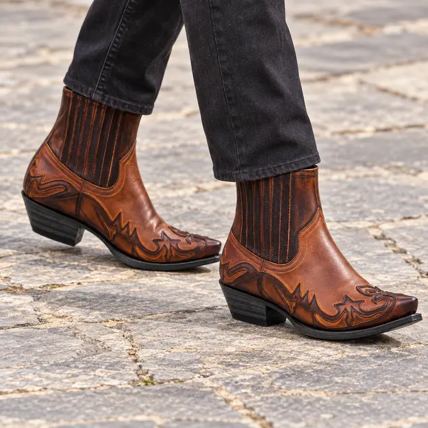 bottines cowboy homme marron brodees a elastiques portees en marchant avec un pantalon sombre 44754
