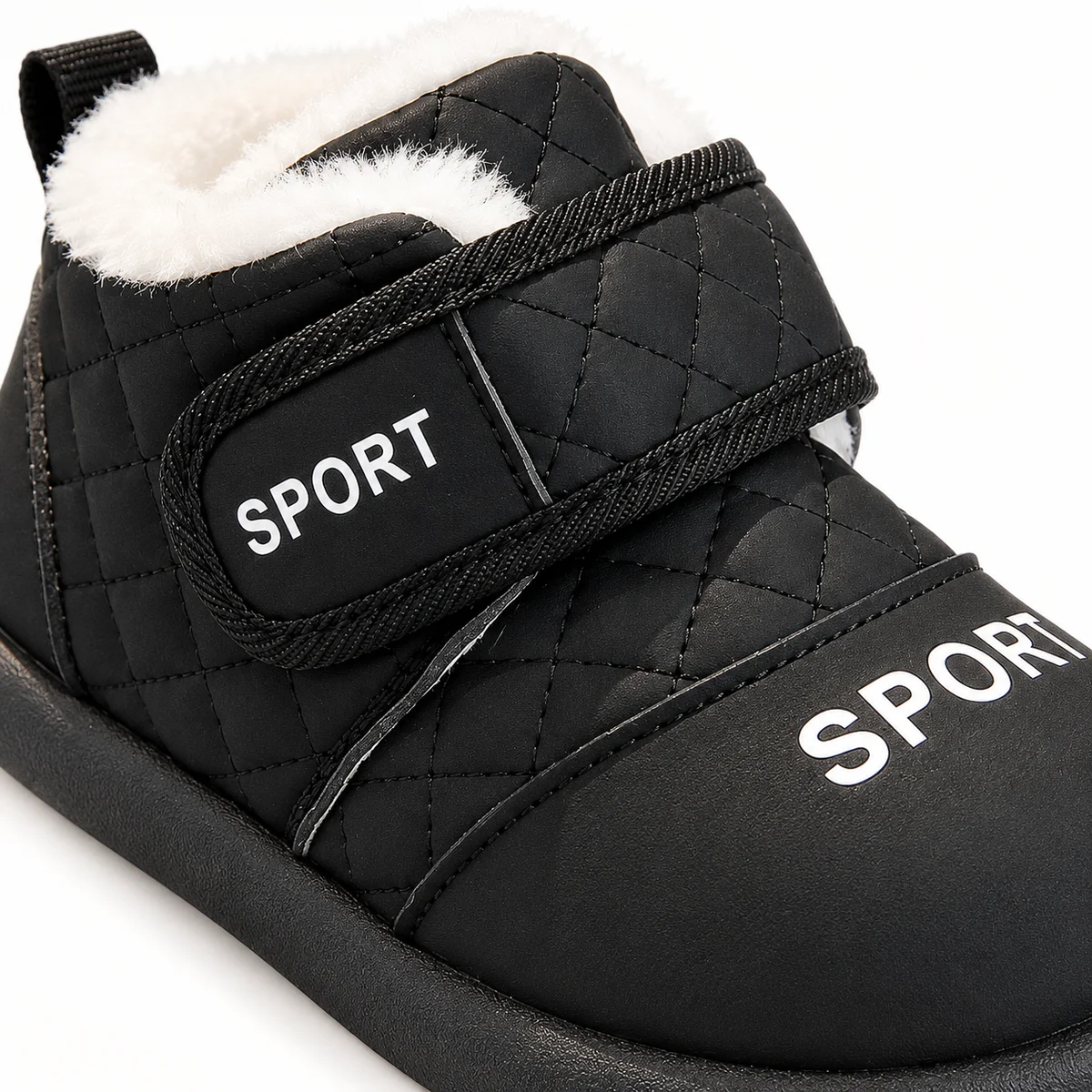 Bottines de neige garçon en peluche noire à scratch faciles à enfiler