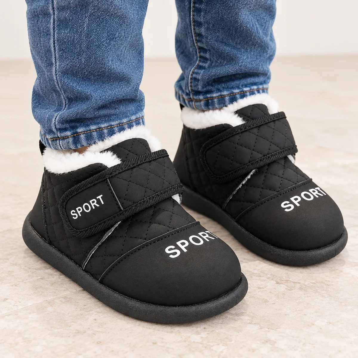 Bottes d'hiver garçon en peluche noire à fermeture scratch, parfaites pour la neige