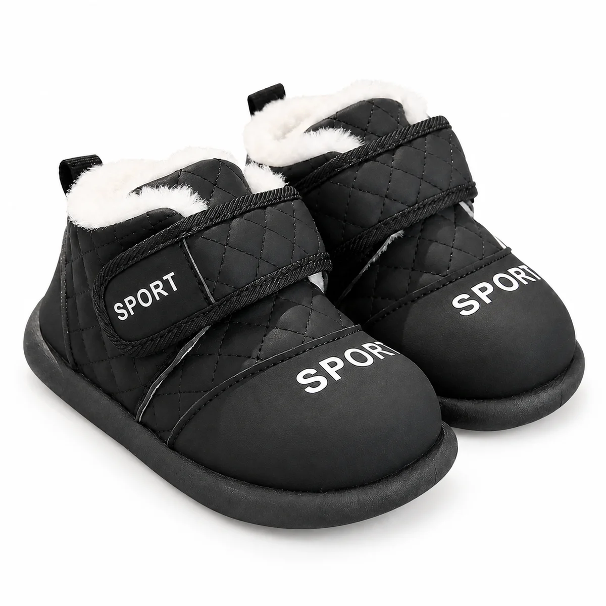 Bottines de neige garçon fourrées en peluche noires avec scratch pour hiver chaud