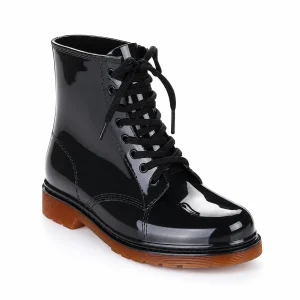 Bottines de pluie femme noires à lacets et talon brun en tissu imperméable