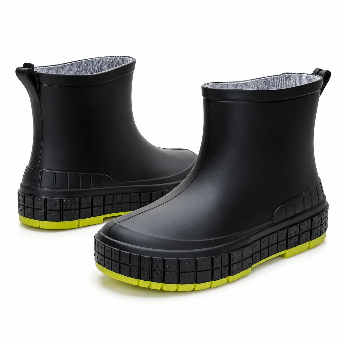 Bottines de pluie féminines noires avec semelle vert vif tendance et imperméables