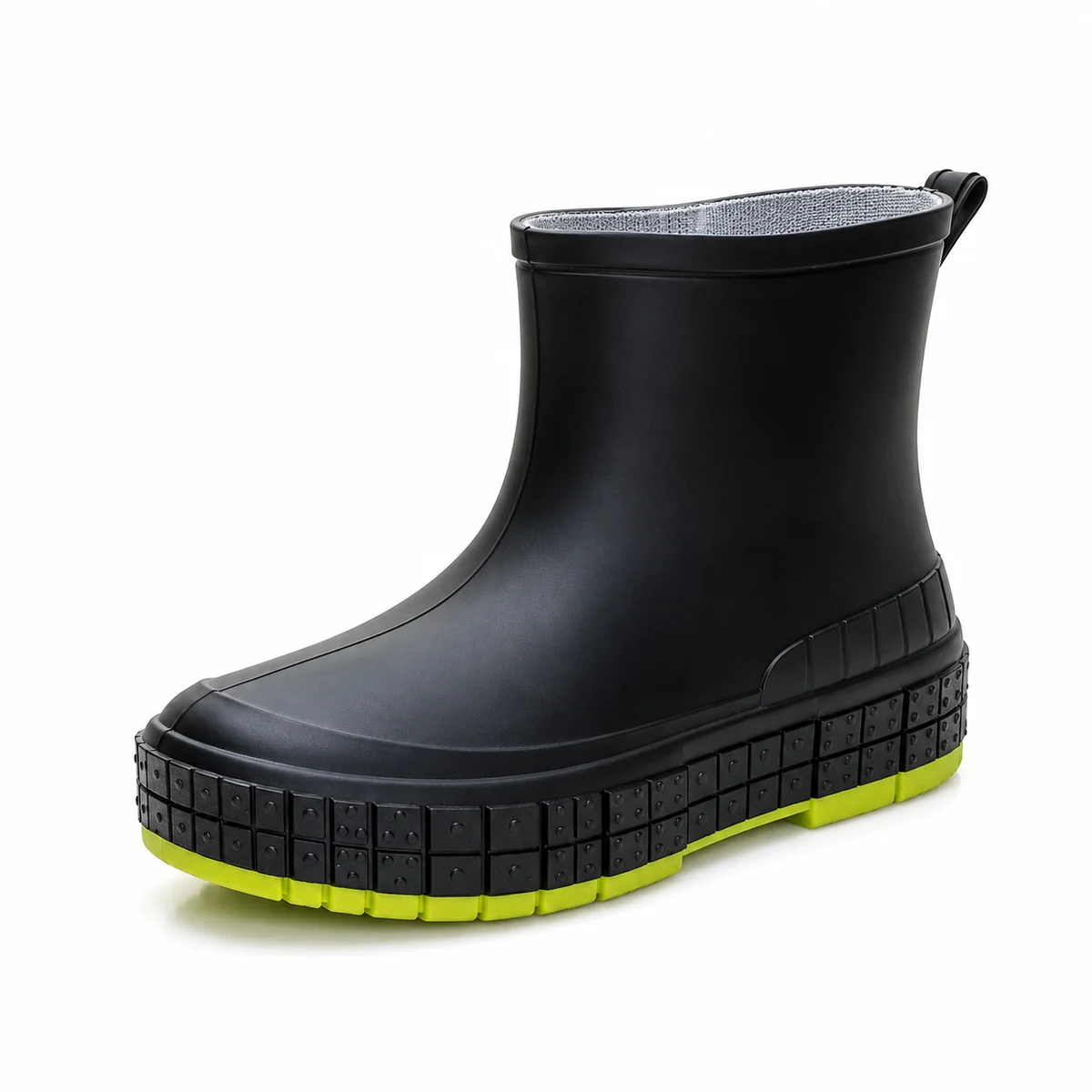 Bottines de pluie noires pour femme avec semelle vert vif élégantes