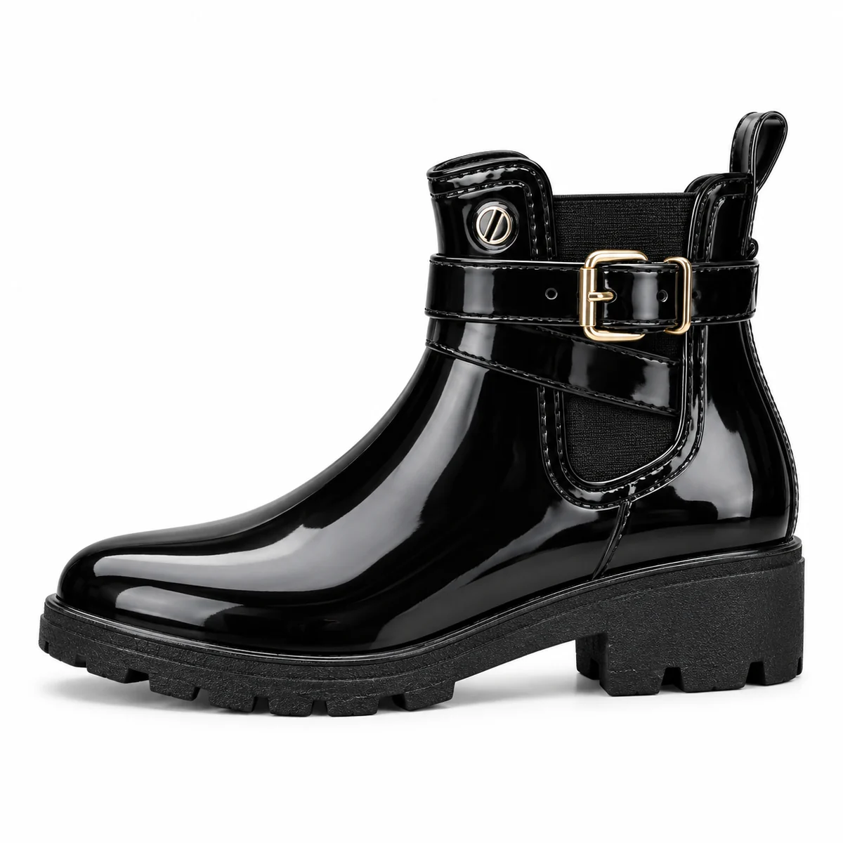 Détail de la bride sur des bottines de pluie noires pour femme élégantes