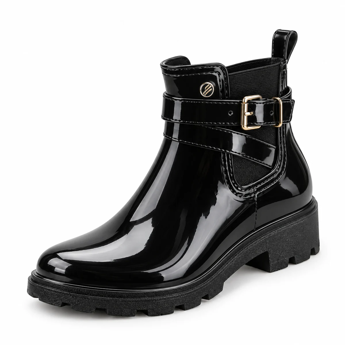 Bottines de pluie noires brillantes pour femme avec bride élégante