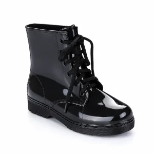 Bottines de pluie noires brillantes à lacets pour femme élégantes et imperméables