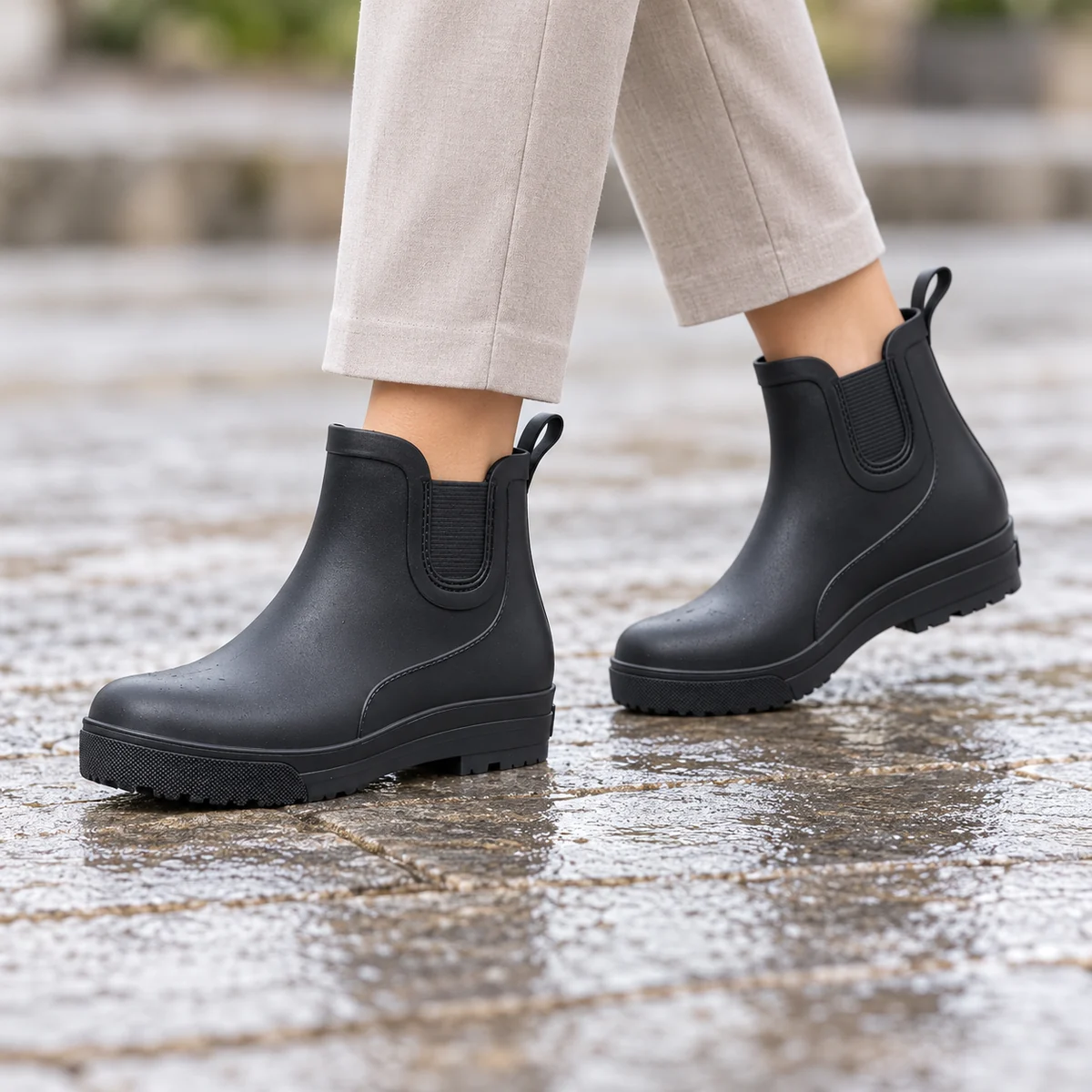 Vue de face des bottines de pluie pour femme en PVC noir avec col élastique confortable