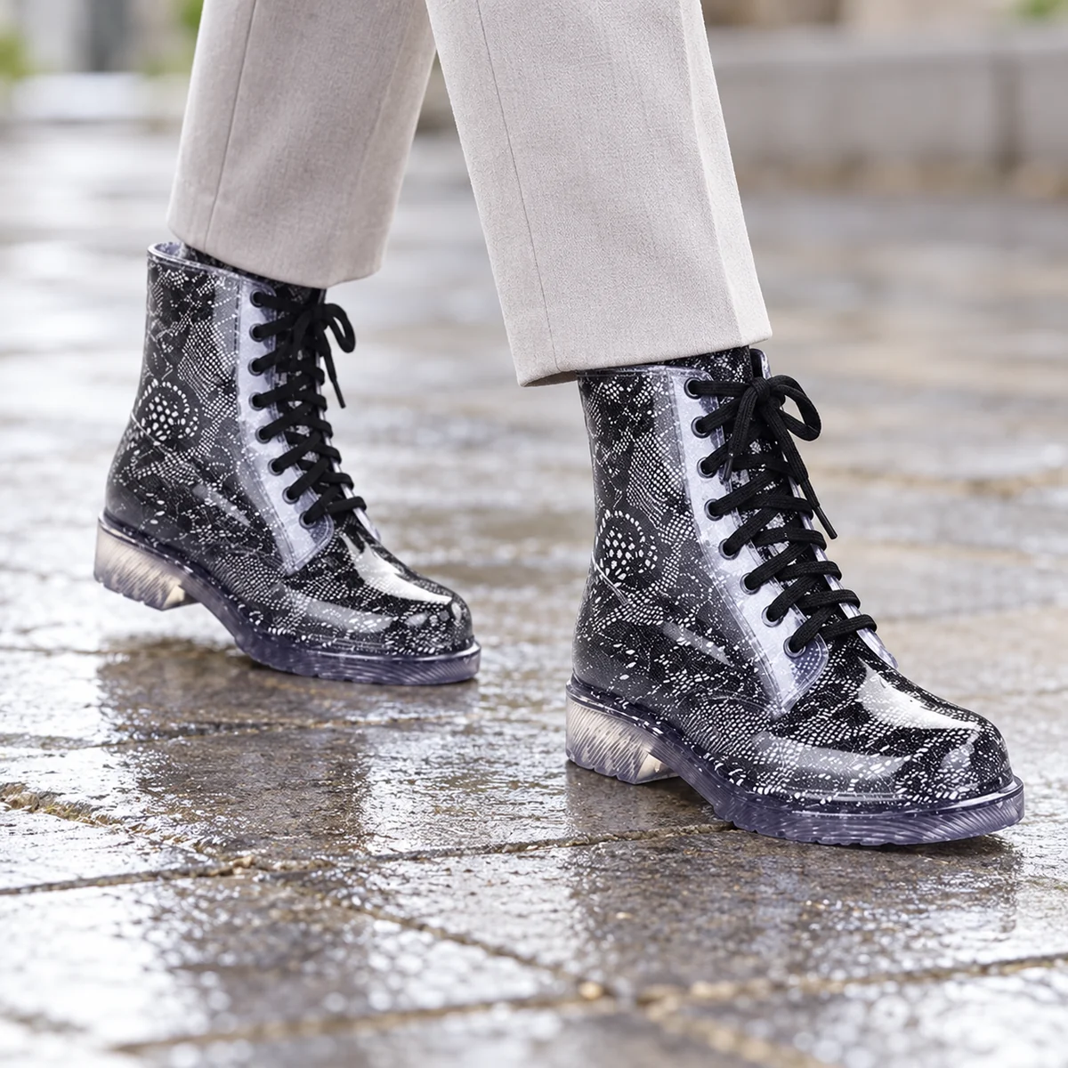 Chaussures imperméables femme à motifs transparents et lacets colorés