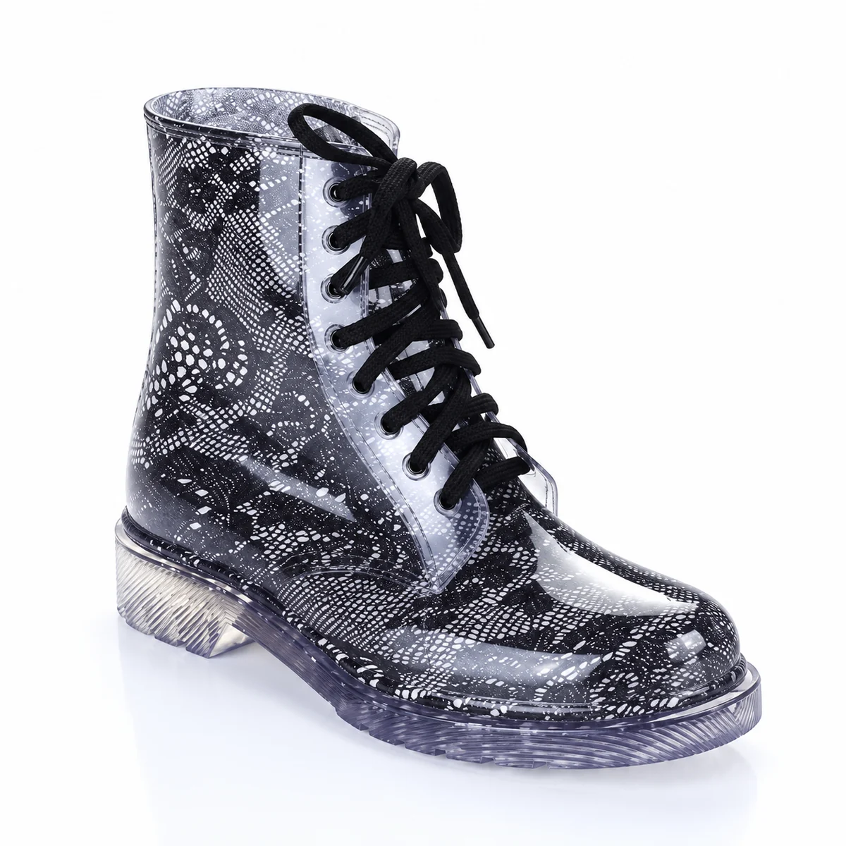 Bottines de pluie femme translucides à motifs avec lacets élégants
