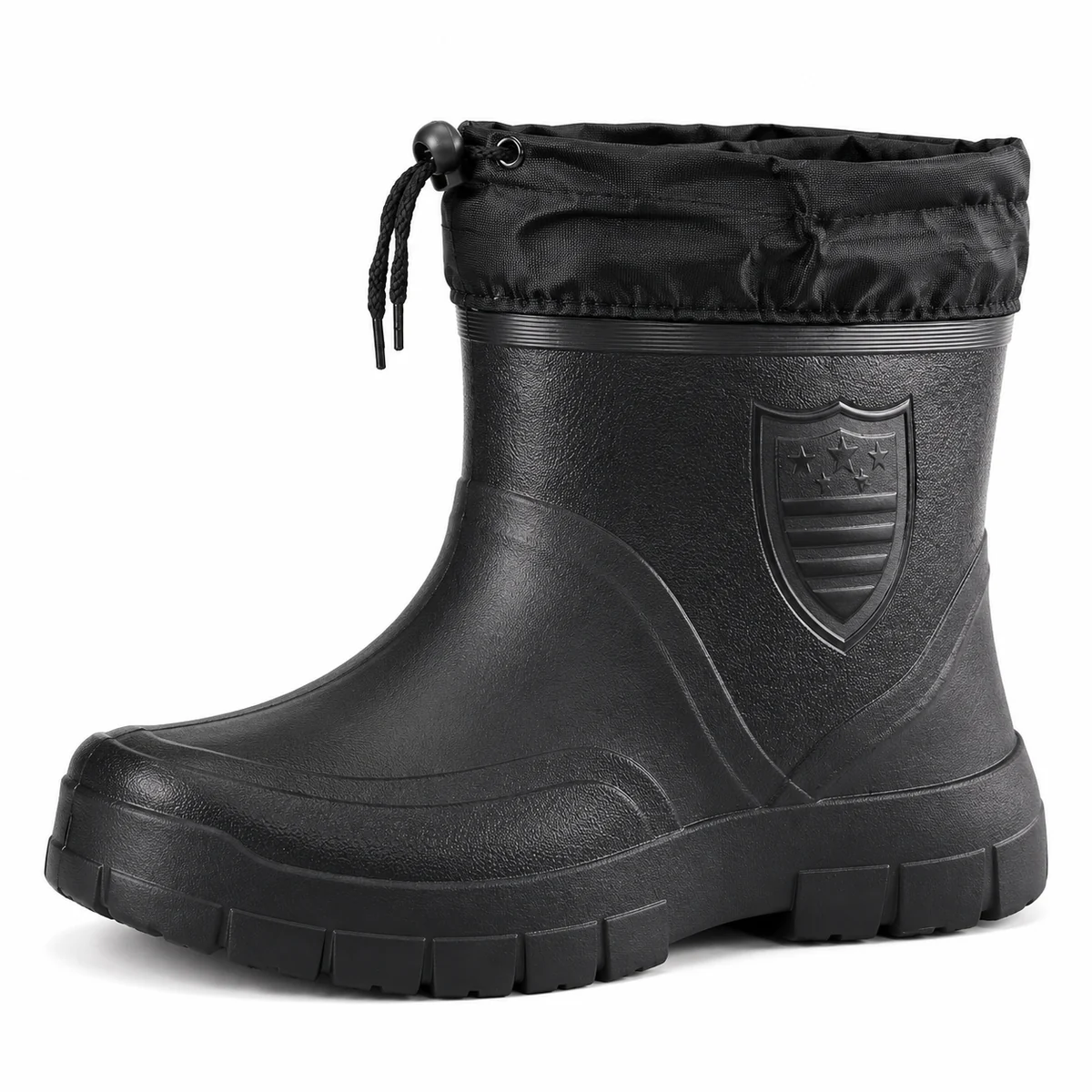 Vue frontale des bottines de pluie homme noires à col textile réglable