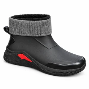 Bottines de pluie hommes noires fourrées avec revers gris pour homme élégant