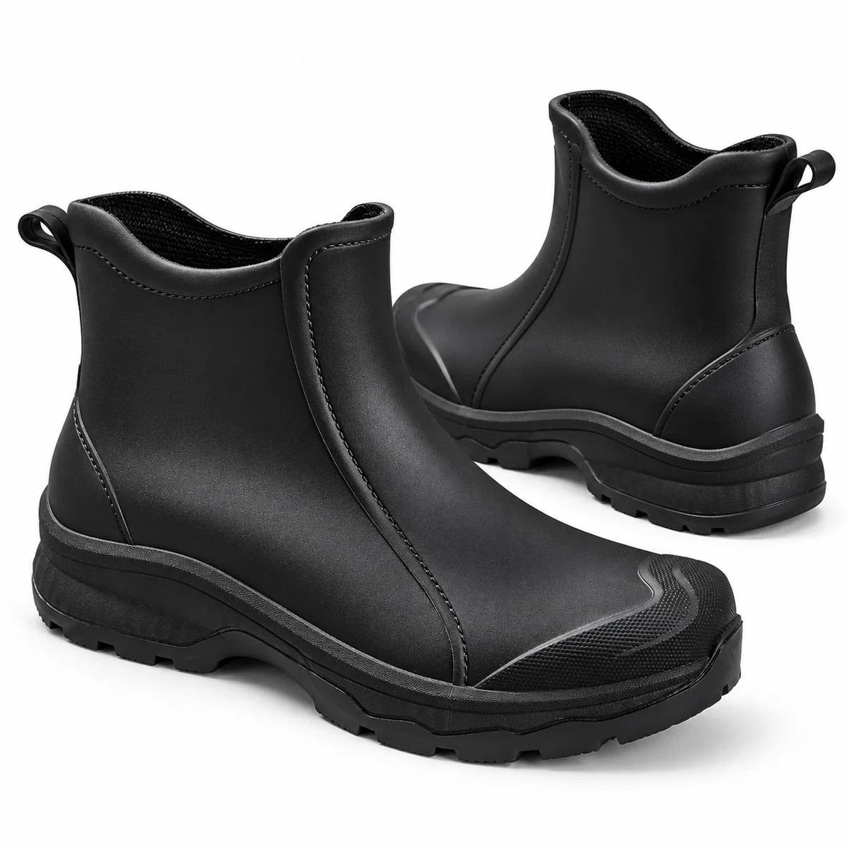 Bottines de pluie tendance noires avec coutures en relief pour femme ou homme