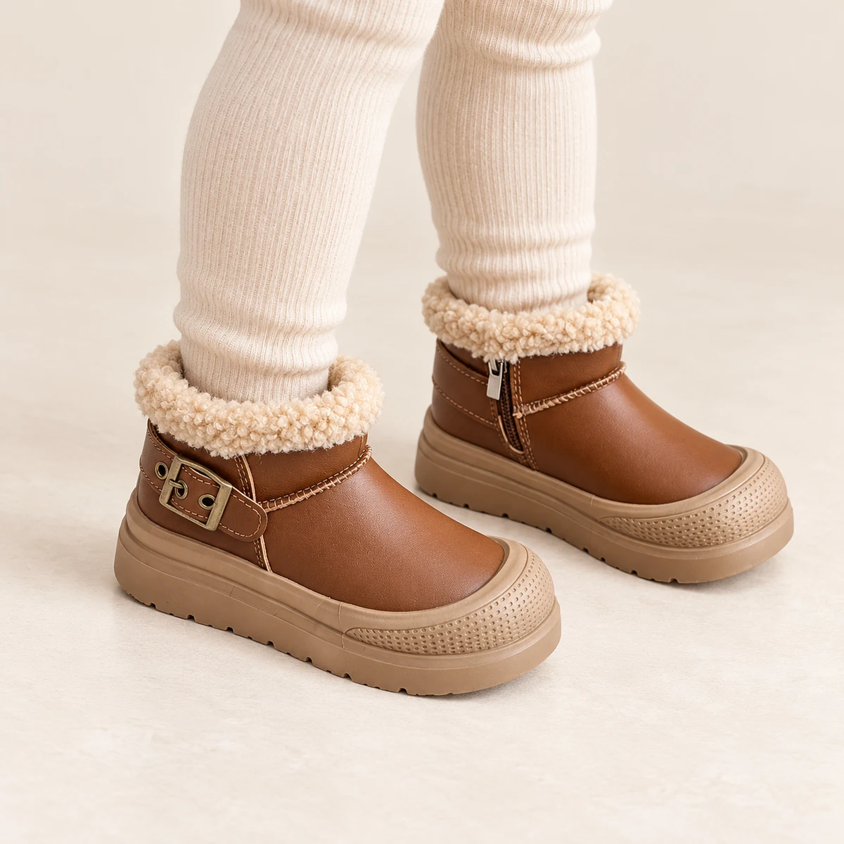 Jeune garçon portant des bottines marron clair avec zip et fourrure