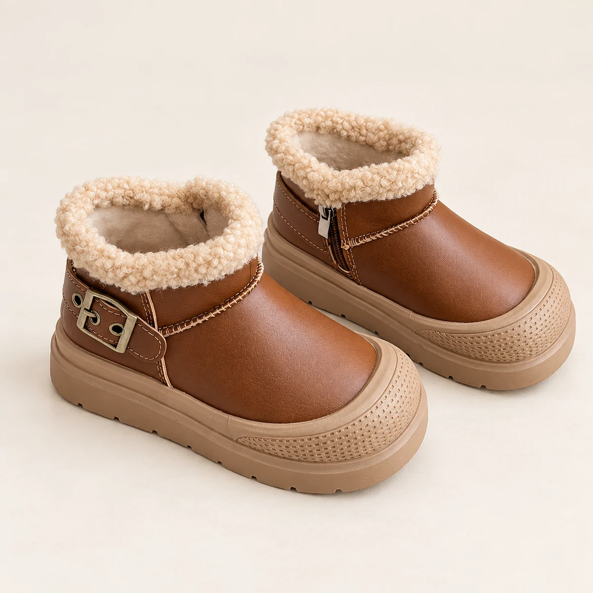 Enfant chaussant des bottines marron clair fourrées avec fermeture éclair