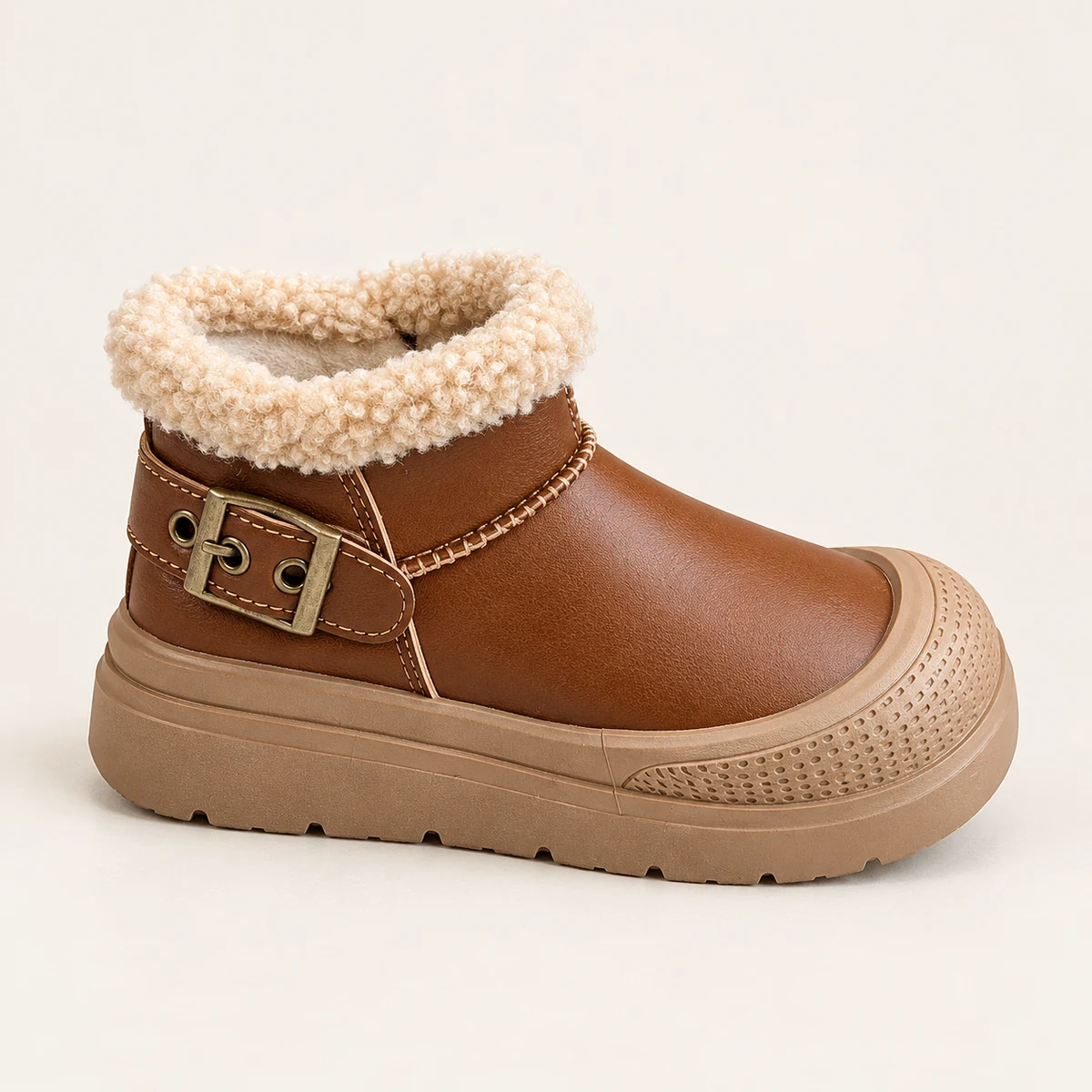 Close-up de bottines enfant marron clair fourrées à zip en cuir