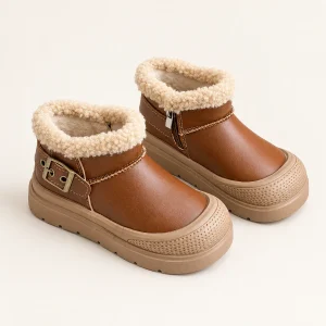 Bottines enfant marron clair fourrées à zip pour hiver