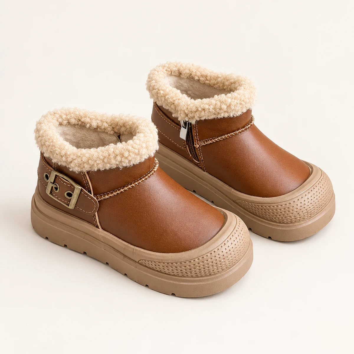 Bottines enfant marron clair fourrées à zip pour hiver