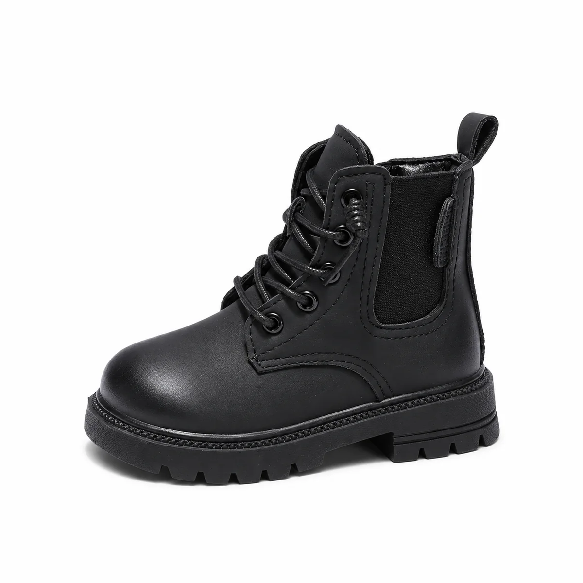 Bottines noires pour enfant avec lacets et empiècement latéral en cuir
