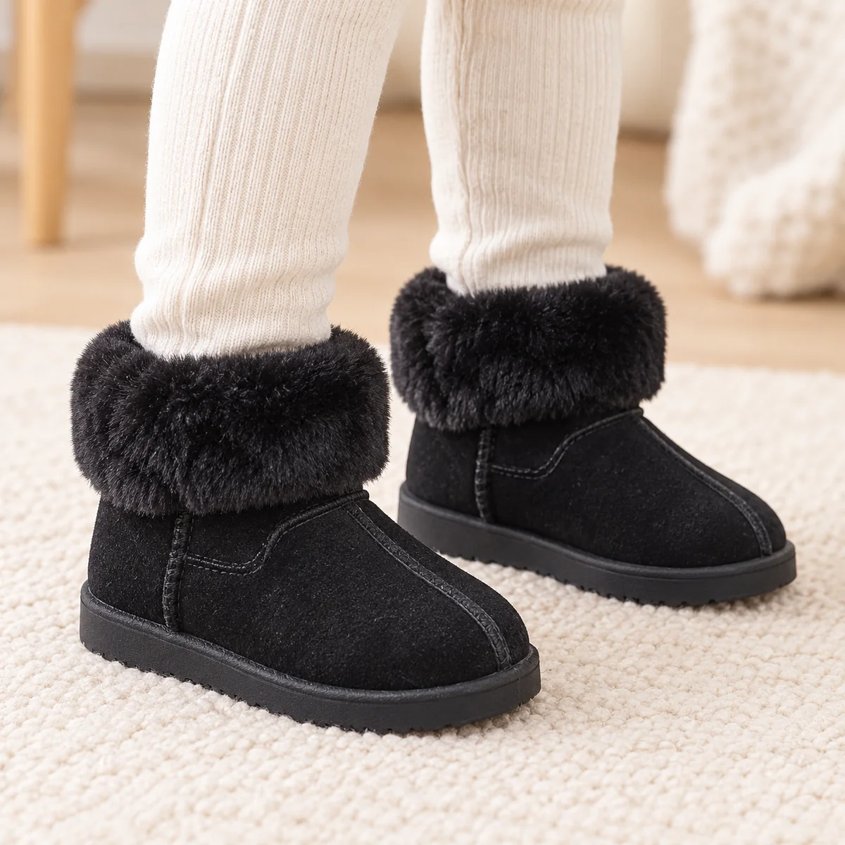 Détails des bottines enfant noires avec revers pelucheux confortables