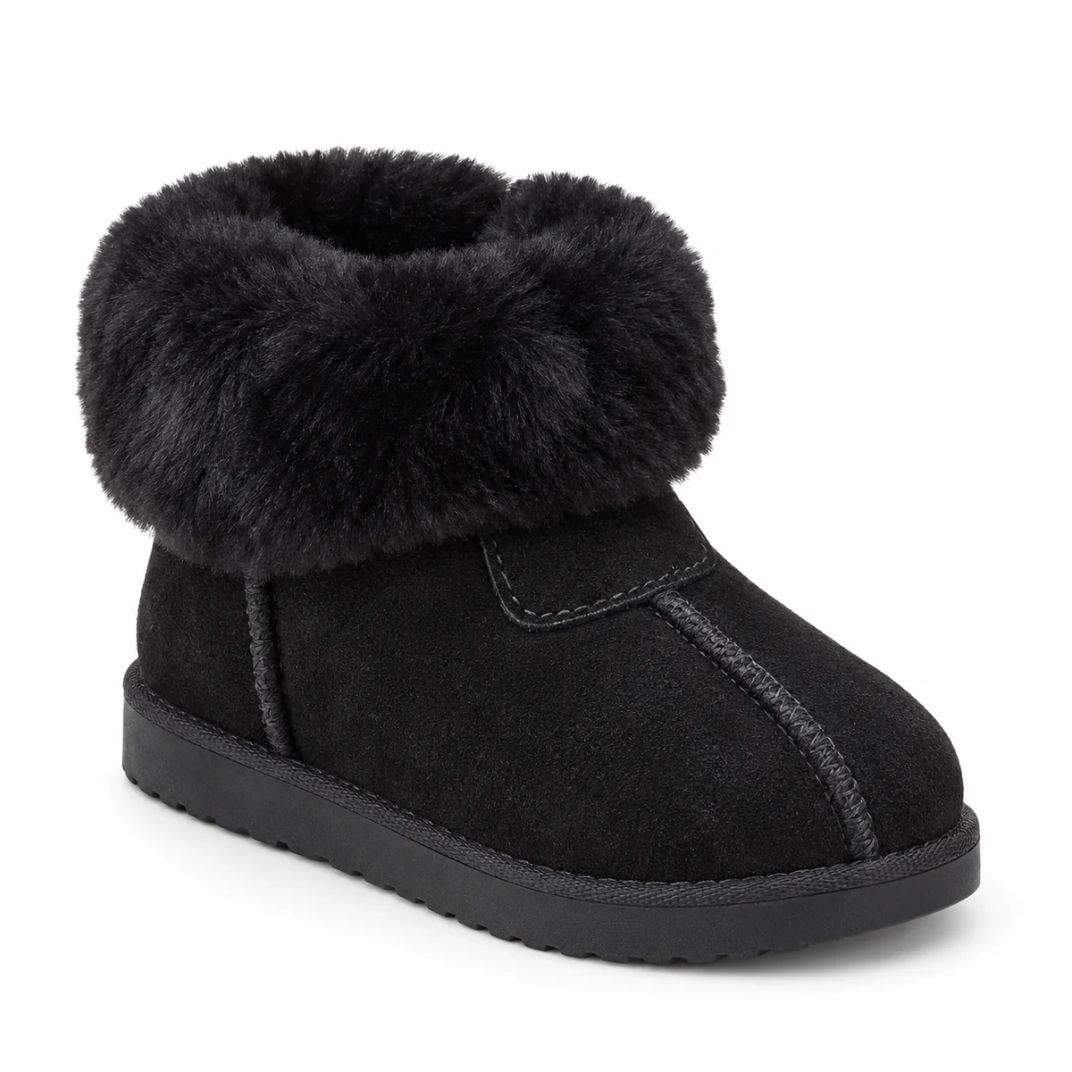 Bottines enfant noires à large revers pelucheux vue de face