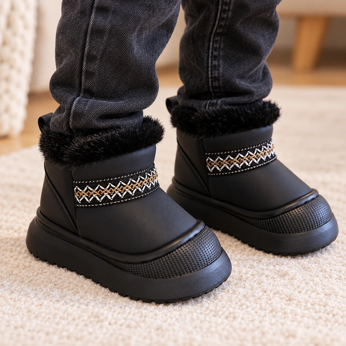 Chaussures pour enfant en cuir noir avec motif géométrique et fourrure intérieure