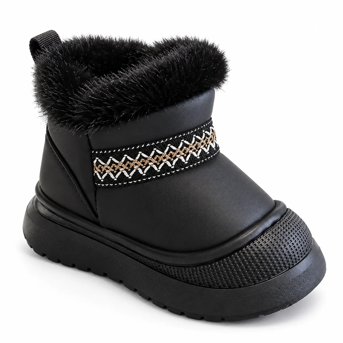 Bottines enfant noires fourrées à bande géométrique adaptées pour l'hiver