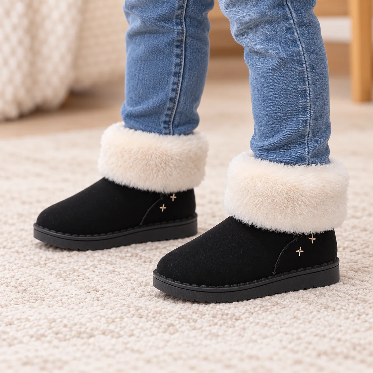 Jeune fille chaussée de bottines noires fourrées avec revers blanc
