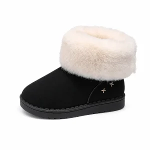 Bottines enfant noires fourrées à revers blanc pour hiver