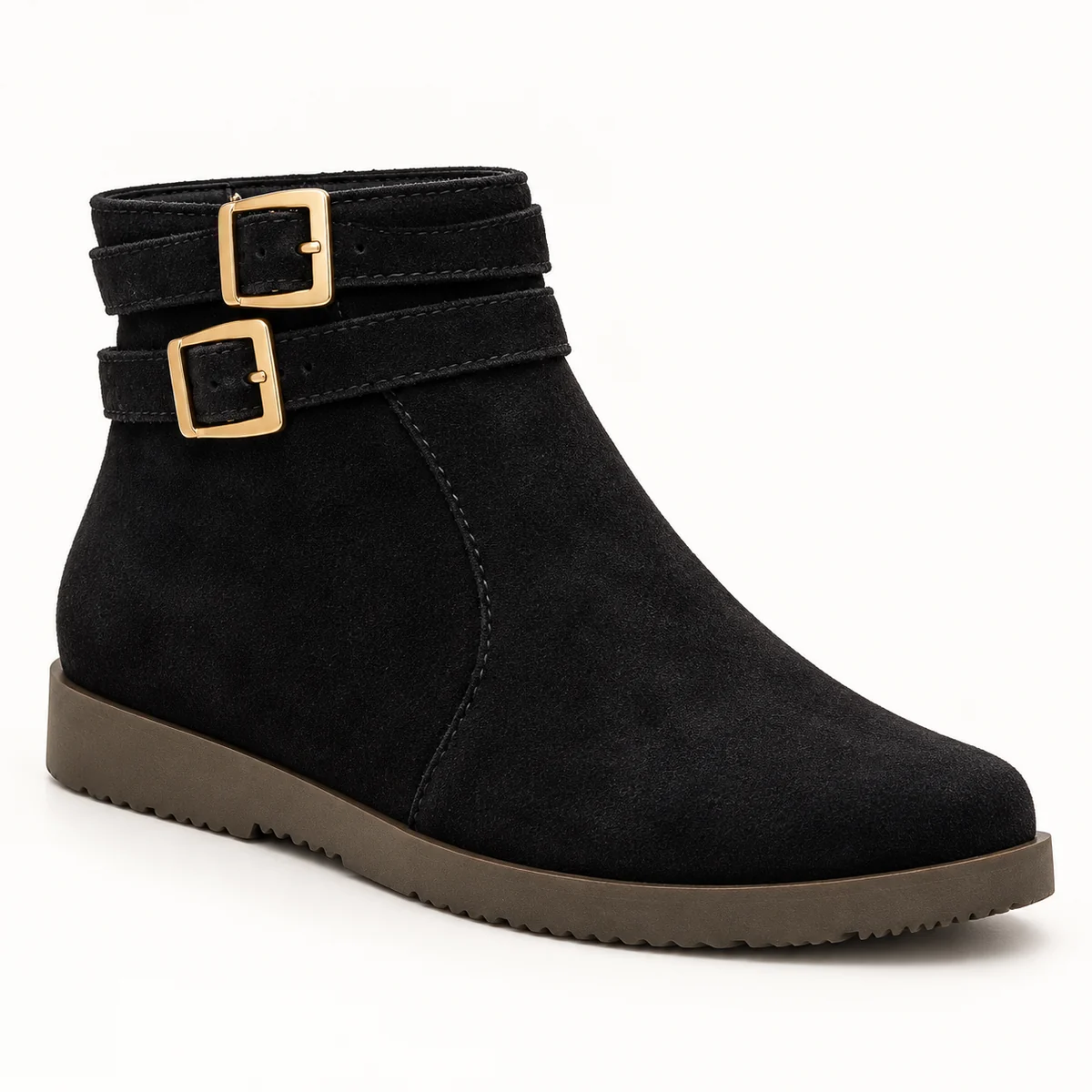 Vue en extérieur des bottines femme à boucle chic avec talon modéré