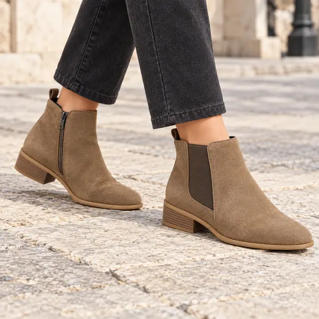 Close-up de bottines femme compensées marron foncé avec zip arrière