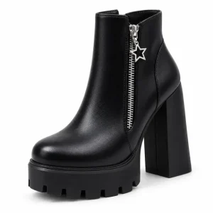 bottines femme a plateforme et haut talon noir pentagramme vue de trois quarts sur fond blanc 45078